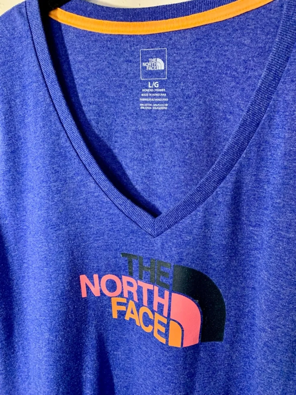 The North Face Women's Royal Blue V-Neck Logo Tee with Pink Accent - Picture 2 of 3